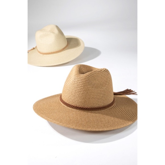 Natural Faux Suede Wide Brim Braided Double Band Tassel Woven Panama Hat - Picture 6 of 7